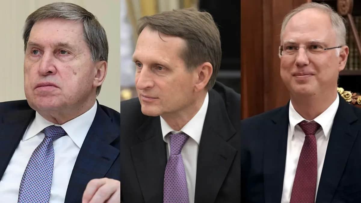 Слева направо: советник Путина по внешней политике Юрий Ушаков, глава СВР Сергей Нарышкин, глава Российского фонда прямых инвестиций Кирилл Дмитриев. Фото: СМИ