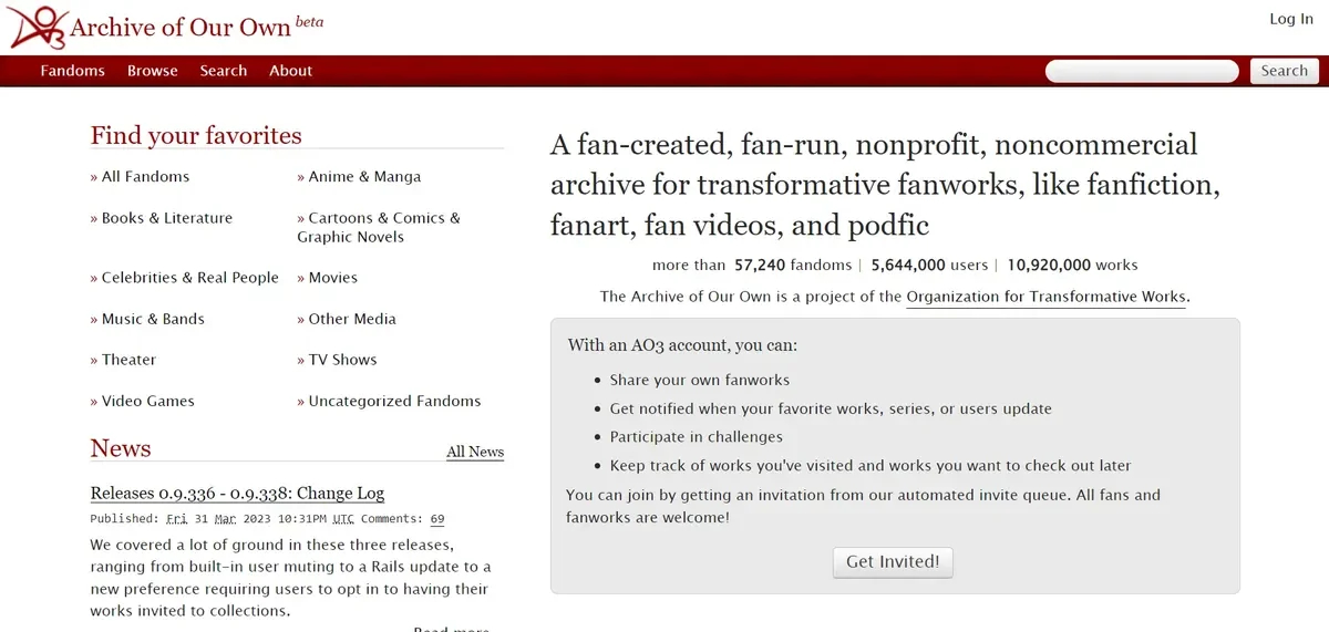 Screenshot: Archive of Our Own