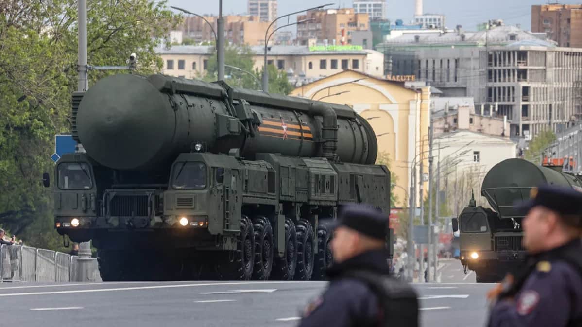 Russian Yars intercontinental ballistic missile launchers rehearse for Moscow’s annual Victory Day celebrations, 04 May 2023. Photo: Sergey Ilnitsky / EPA-EFE