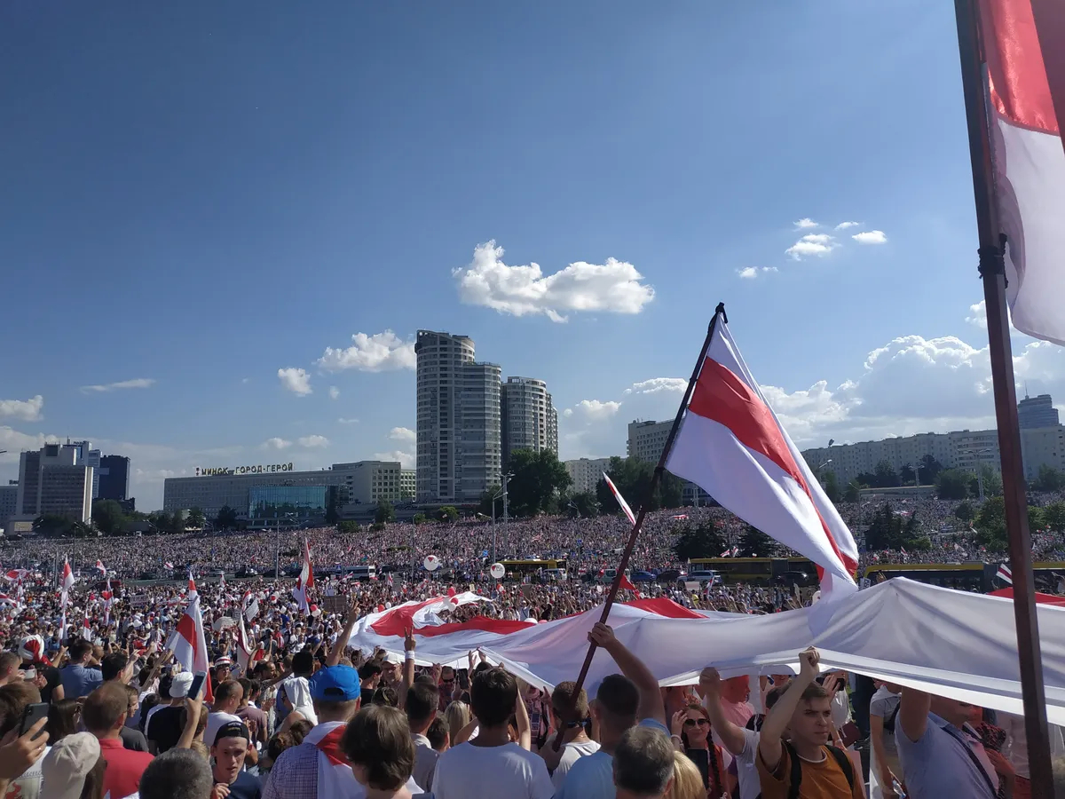 Protest rally in Belarus, August 2020. Photo: <a href="https://commons.wikimedia.org/w/index.php?curid=93201623">Wikimedia Commons</a>, CC BY-SA 4.0