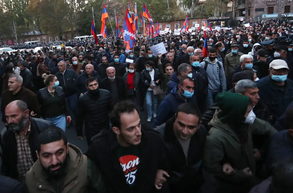 Armenian people attend an opposition rally in Yerevan, Armenia, 12 November 2020. Protesters demanded the resignation of Nikol Pashinyan and his government. Photo: EPA-EFE / VAHRAM BAGHDASARYAN 