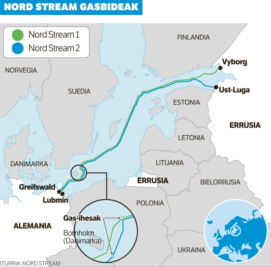 The map showing the locations of the Nord Stream pipelines in the Baltic Sea. For the most part, they stay close to each other, except for the location near the leaks. Photo: <a href="https://commons.wikimedia.org/w/index.php?curid=123497010" rel="noopener noreferrer" title="https://commons.wikimedia.org/w/index.php?curid=123497010">Wikimedia Commons</a>, <a href="https://www.berria.eus/lizentzia" rel="noopener noreferrer" title="https://www.berria.eus/lizentzia">Berria</a>. CC-By-SA; CC BY-SA 4.0