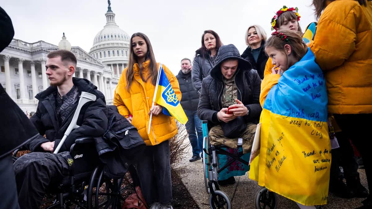 Ukrainian refugees attend a press conference outside the US Capitol in Washington, DC earlier this year. Photo: EPA-EFE / JIM LO SCALZO