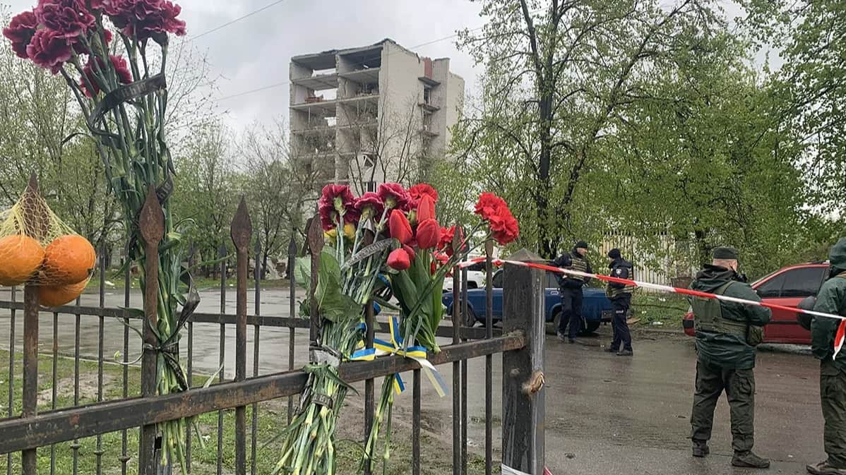 A makeshift memorial near the site of the missile strike. Photo: Olga Musafirova