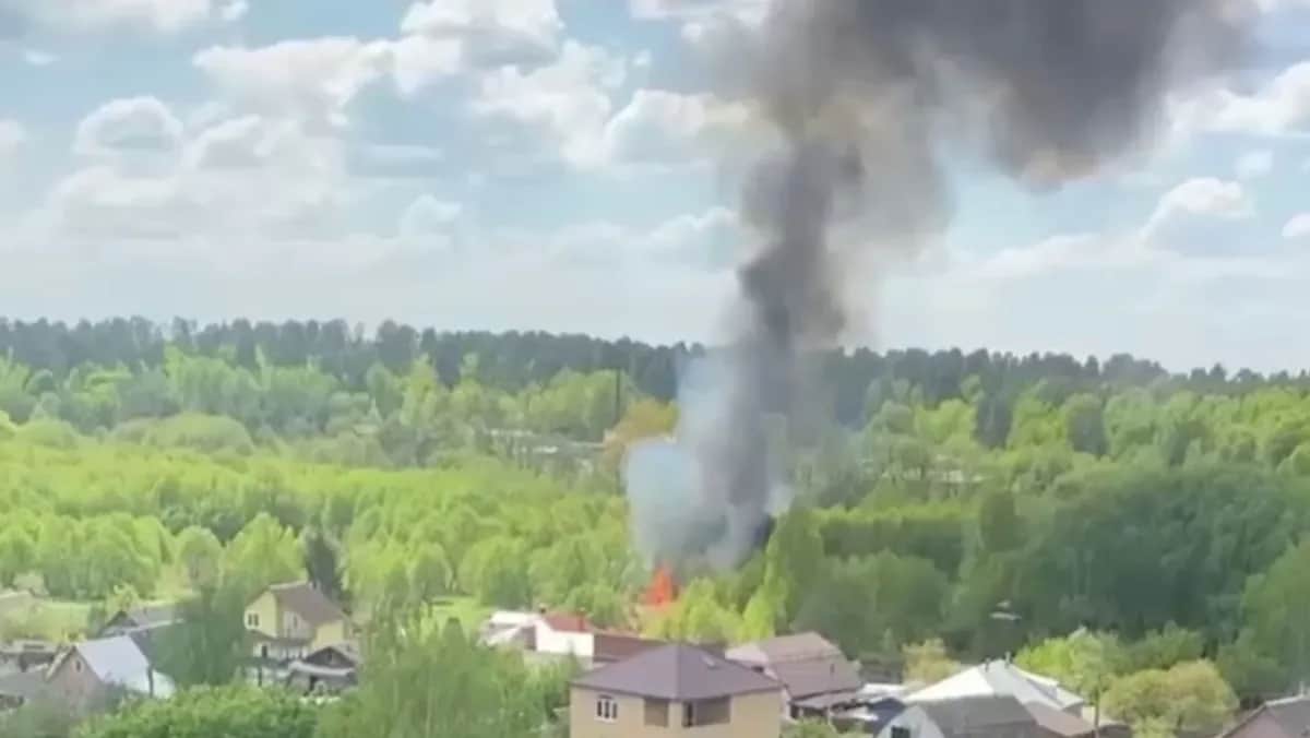 The crash site of one of the helicopters in Russia’s Bryansk region. Photo: social media
