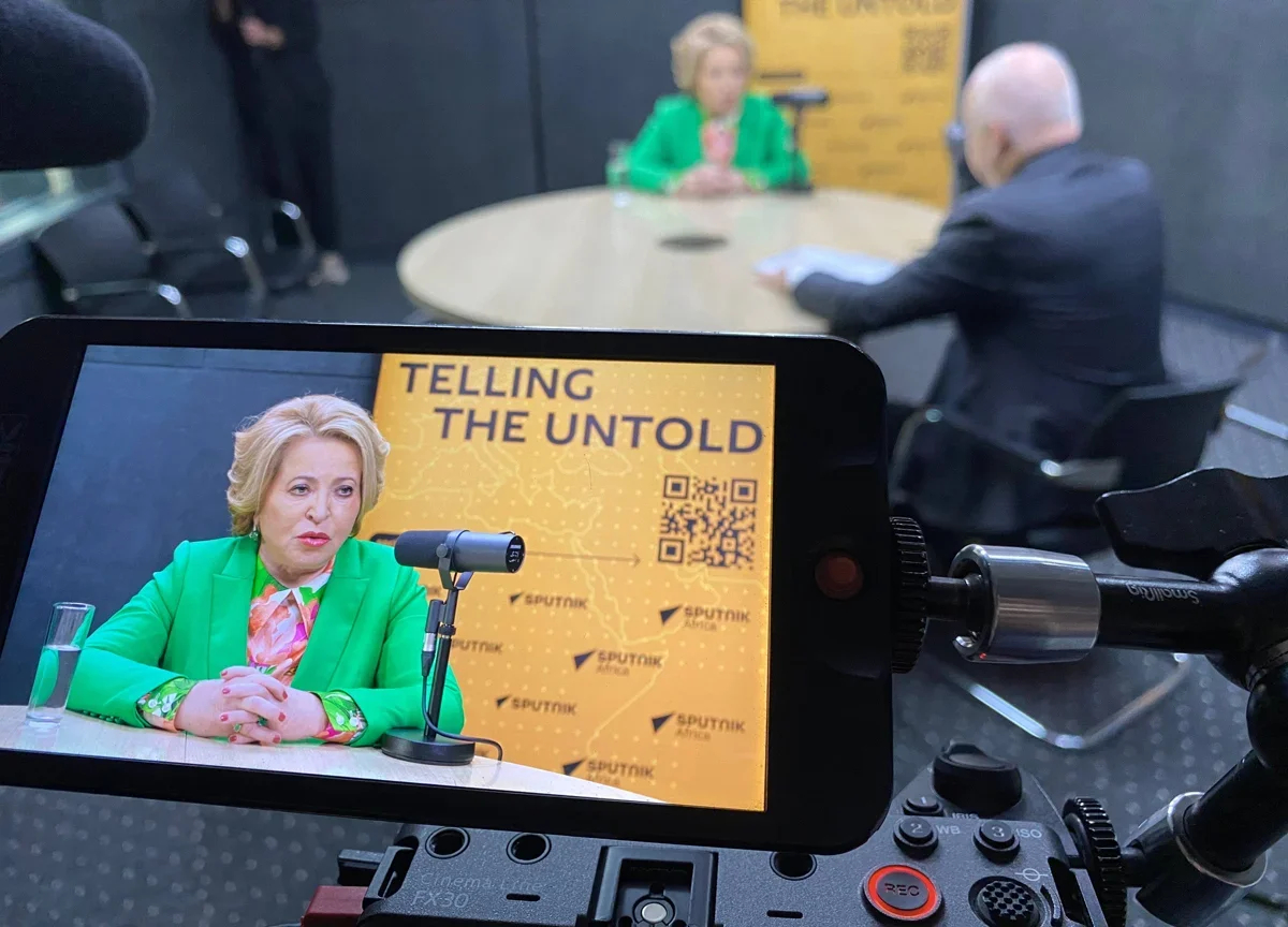 Valentina Matviyenko in the Sputnik studio in Addis Ababa, Ethiopia, 19 February 2025. Photo: Sputnik / Imago Images / Scanpix / LETA
