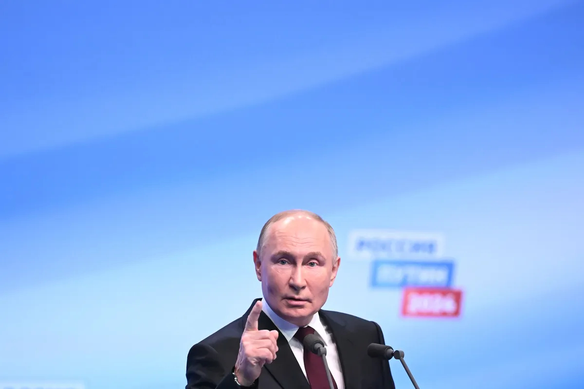 Putin speaking at a press conference in Moscow following the election results on 18 March 2024. Photo: EPA-EFE / NATALIA KOLESNIKOVA / POOL