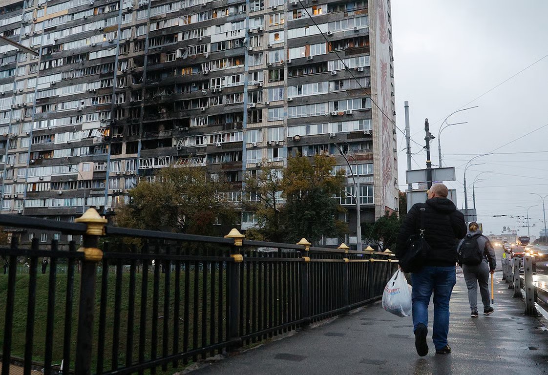 A residential building destroyed in a Russian airstrike, Kyiv, Ukraine, 10 October 2025. Photo: Sergey Dolzhenko / EPA
