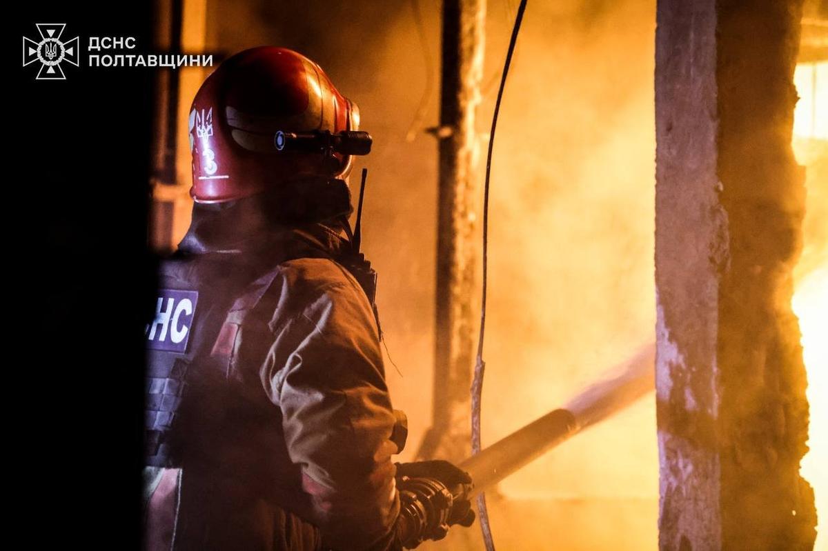 A firefighter tackles a blaze in Ukraine’s central Poltava region, 7 October 2025. Photo: State Security Service of Ukraine